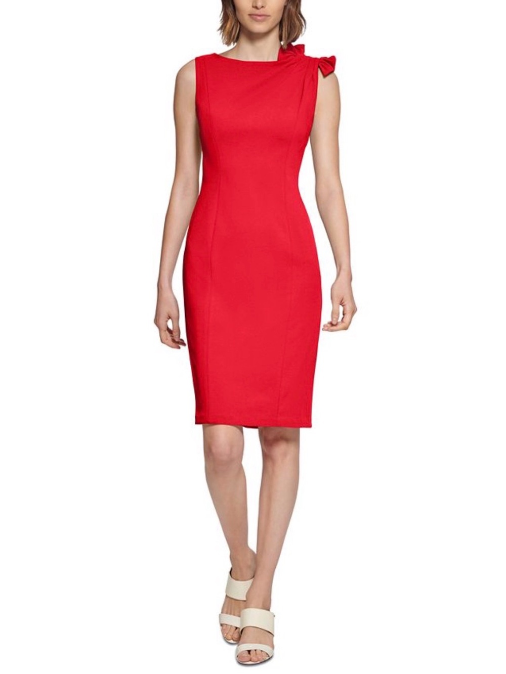 NWT Calvin Klein Red Sleeveless Sheath Dress with Shoulder Bow